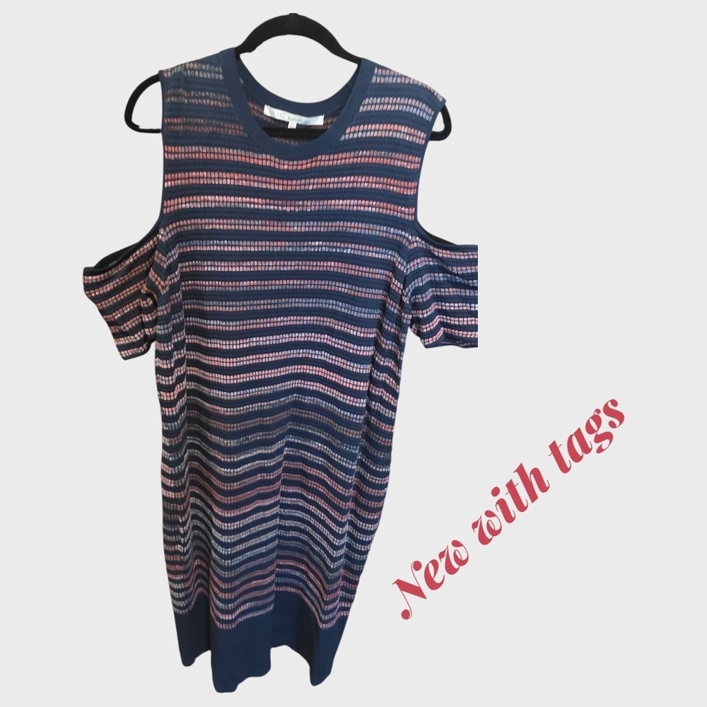 RACHEL Rachel Roy Navy Sweater with Pink & Cream Accent Stripes